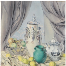 Bodegón con limones, cerámica y frutero