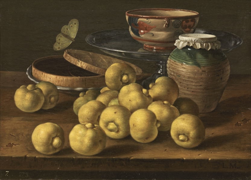 Imagen de la obra: "Bodegón con limas, caja de jalea, mariposa y recipientes"
