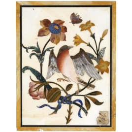 Placa con pájaro petirrojo y flores