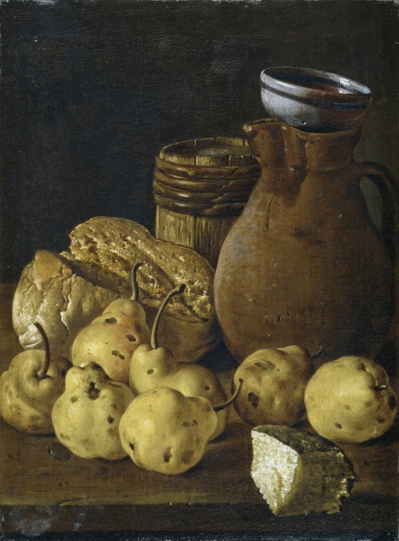 Imagen de la obra: "Bodegón con peros, queso, pan y recipientes"