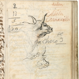 Estudios de cabeza de toro para la alegoría del río Po. Operación aritmética. Lista con el nombre de tres ciudades de la costa sur de Francia