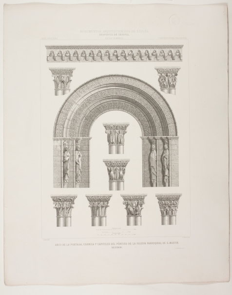 Imagen de la obra: "Arco de la portada, cornisa y capiteles del pórtico de la iglesia parroquial de San Martín en  Segovia"