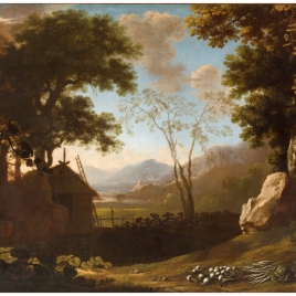 Paisaje montañoso con cabaña y hortalizas