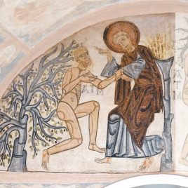 Creación de Adán. Pintura mural de la ermita de la Vera Cruz de Maderuelo