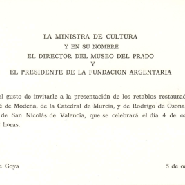 Invitación para la presentación de los retablos restaurados "Barnaba de Módena: polípticos de la Virgen de la Leche y de Santa Lucía, catedral de Murcia; Rodrigo de Osona: retablo del Calvario, Iglesia de San Nicolás, Valencia"
