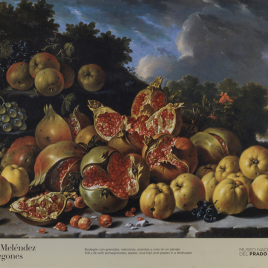 Luis Meléndez [Material gráfico] : bodegones. Bodegón con granadas, manzanas, acerolas y uvas en un paisaje = Still life with pomegranates, apples, rose hips and grapes in a landscape] / Museo Nacional del Prado.
