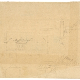 Croquis del alzado de un edificio con cubiertas a dos aguas