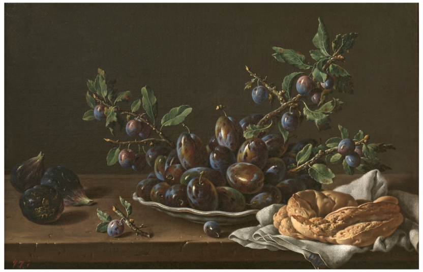Imagen de la obra: "Bodegón con plato de ciruelas, brevas y rosca de pan"
