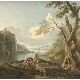 Paisaje con guerreros a la orilla de un río