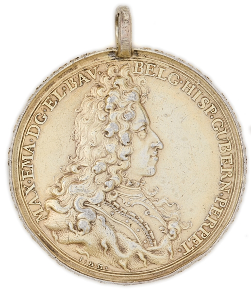 Imagen de la obra: "Maximiliano II Emanuel de Baviera, gobernador de los Países Bajos españoles - Maximiliano Emanuel a caballo, recibido por Bélgica, la Esperanza y la Fama"