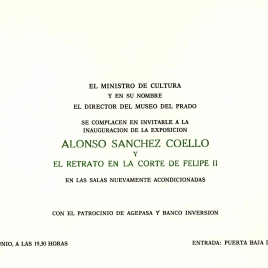 Invitación para la inauguración de la exposición "Alonso Sánchez Coello y el retrato en la corte de Felipe II"