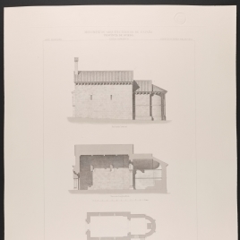 Planta, fachada lateral y sección longitudinal de la iglesia de Ujo en Mieres, Asturias