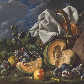 Bodegón con melón y brevas, manzanas, bota de vino y cesta de merienda en un paisaje