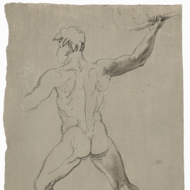 Apunte de desnudo masculino de espaldas blandiendo una lanza