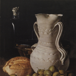 Luis Meléndez [Material gráfico] : bodegones. Bodegón con peritas, pan, cuenco y frasca = Still life with small pears, a loaf, jar and flask] / Museo Nacional del Prado.