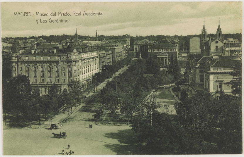 Imagen de la obra: "Museo del Prado, vista de la fachada norte o de Goya, Real Academia  e iglesia de los Jerónimos"
