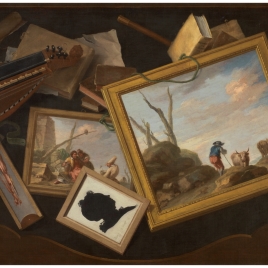 Mesa revuelta con pinturas, zanfonía, libros y otros objetos en trampantojo