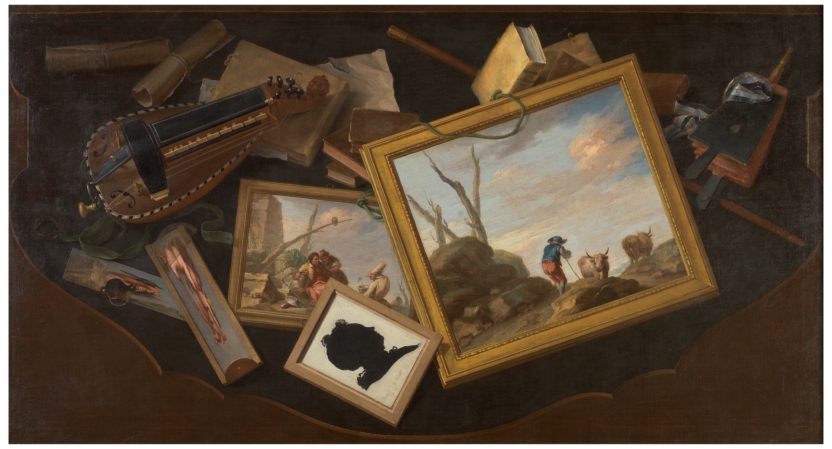 Imagen de la obra: "Mesa revuelta con pinturas, zanfonía, libros y otros objetos en trampantojo"