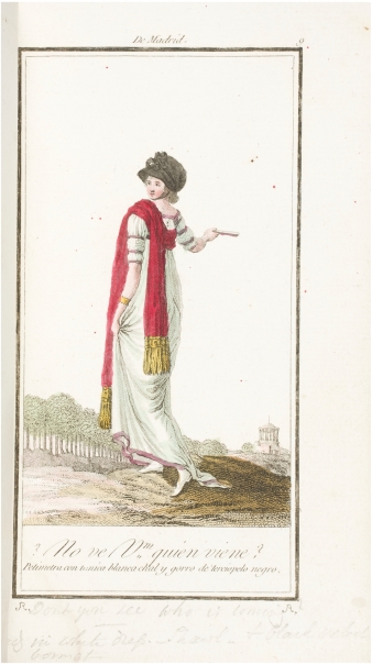 Imagen de la obra: "Petimetra con túnica blanca, chal, y gorro de terciopelo negro, de Madrid"