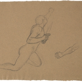 Estudio de desnudo masculino arrodillado con una espada en la mano. Estudio de brazo izquierdo