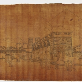 Calco de reconstrucción ficiticia de un patio con pseudopórtico y pilonos de un templo egipcio