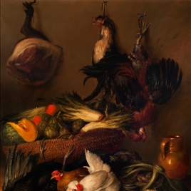 Bodegón de caza y hortalizas con gallinas