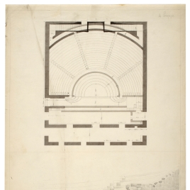Planta y vista de la escalinata de un teatro en Pompeya