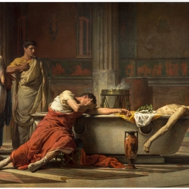 Séneca, después de abrirse las venas, se mete en un baño y sus amigos, poseídos de dolor, juran odio a Nerón que decretó la muerte de su maestro