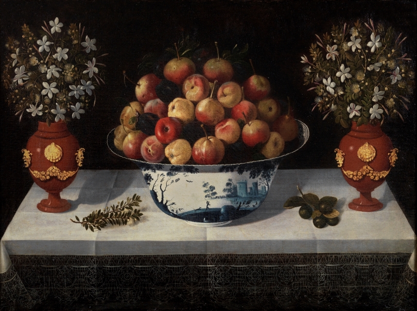 Delft Fruit Bowl and two Vases of Flowers
