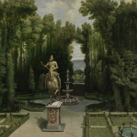 Vista de los jardines de la Casa de Campo con la estatua de Felipe III