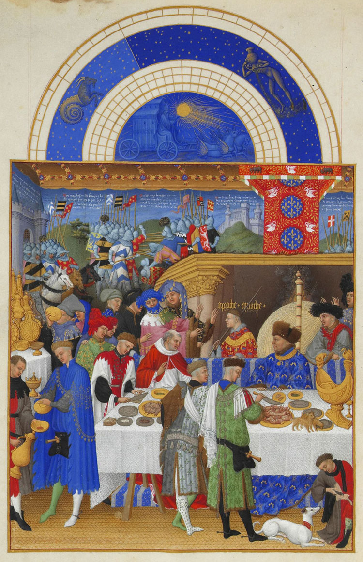 Fig.2: El duque de Berry, el más conocido de los bibliófilos del otoño medieval, se hizo representar presidiendo un banquete en uno de sus libros de Horas.