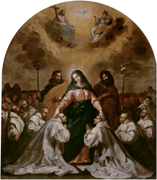 La Virgen, acompañada de San José y San Juan Bautista, ampara bajo su manto a la Orden Cartujana