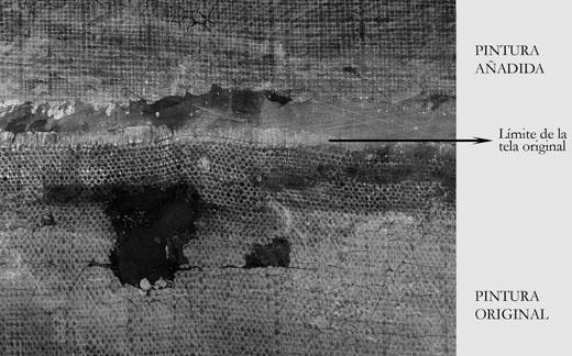 Fig.2. Detalle de la radiograf&iacute;a en la uni&oacute;n de la tela original con el a&ntilde;adido