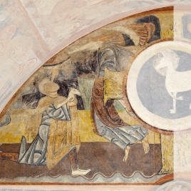 Abel presentando ofrendas. Pintura mural de la ermita de la Vera Cruz de Maderuelo