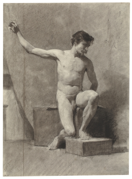 Imagen de la obra: "Desnudo masculino sentado, de frente, con el brazo derecho en alto"