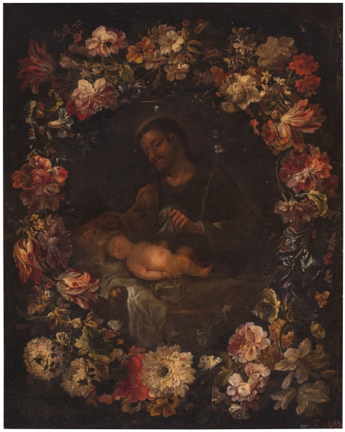 Guirnalda de flores con san José y el Niño