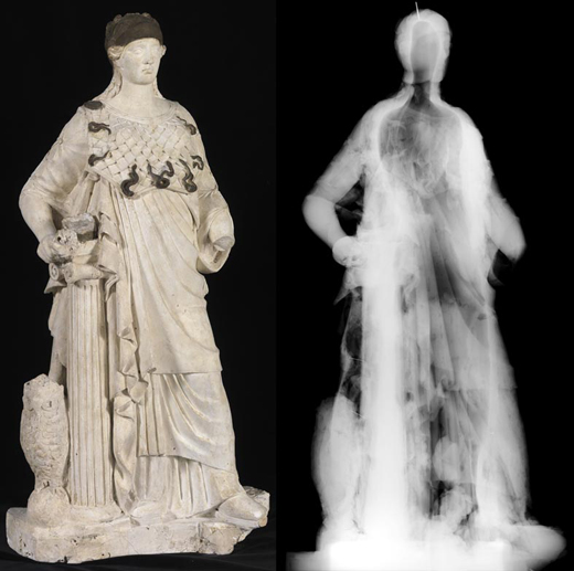 Fig.5: detalle de Minerva, en visible y a trav&eacute;s de los rayos X