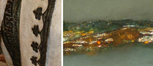 Fig.6: next to the detail of the decoration of the cloak, the image obtained with the optical microscope of a polychromatic sample. We may see the inferior layer of glitter followed by a greenish patina.
