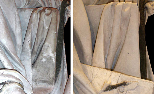 Fig.11: detail of the cloak of Nero before and after restauration