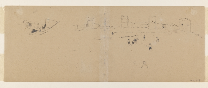 Imagen de la obra: "Vista del Castillo de Alcalá de Guadaíra, Sevilla, con campesinos"