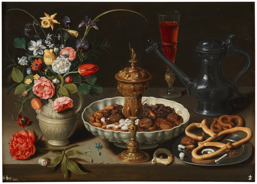 Still Life with Flowers, a Silver-gilt Goblet, Dried Fruit, Sweetmeats, Bread sticks, Wine and a Pewter Pitcher