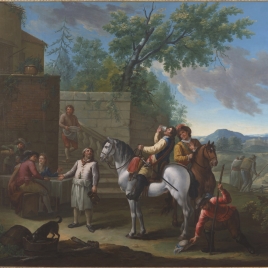 Dos soldados a caballo delante de una hostería