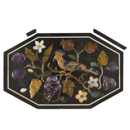 Placa octogonal con pájaro sobre ramo con flores y frutas