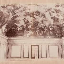 Detalle de la bóveda de Luca Giordano del Casón del Buen Retiro (grupo de la Majestad de España) tras el ciclón del 12 de mayo de 1886