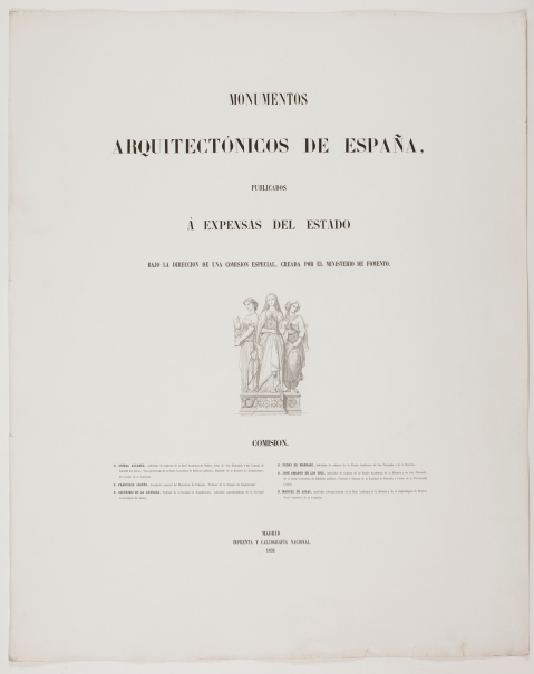 Imagen de la obra: "Portada de los Monumentos Arquitectónicos de España: alegorías del arte pagano, cristiano y mahometano"
