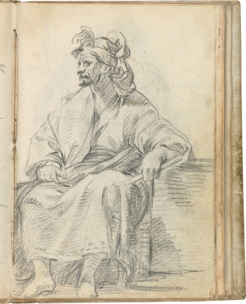 Imagen de la obra: "Academia, figura sedente con bastón, tocada con turbante"