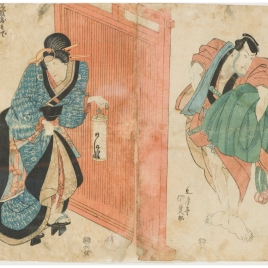 Escenas de teatro kabuki. Mujer con farolillo / Hombre con manto bajo el brazo
