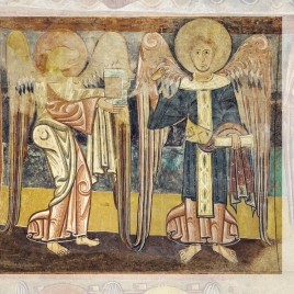 El evangelista san Marcos y un ángel. Pintura mural de la ermita de la Vera Cruz de Maderuelo