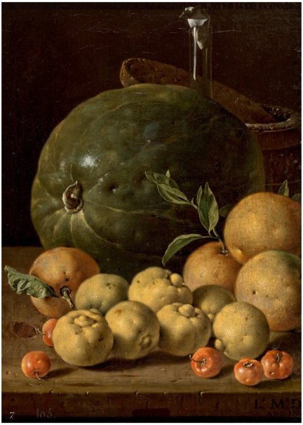 Bodegón con limas, naranjas, acerolas y sandía