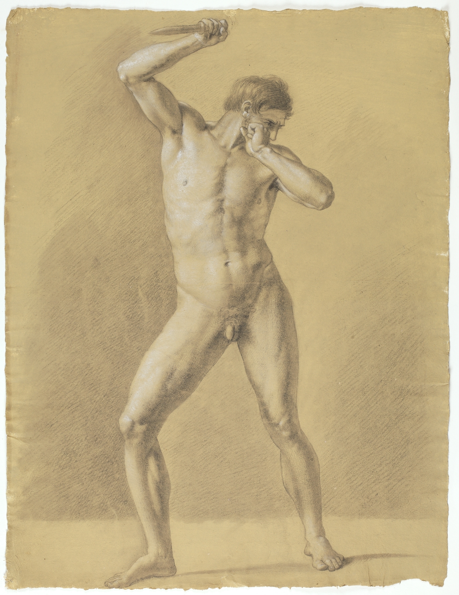 Estudio de hombre desnudo de frente con el puño sobre el rostro, empuñando  una daga - Colección - Museo Nacional del Prado